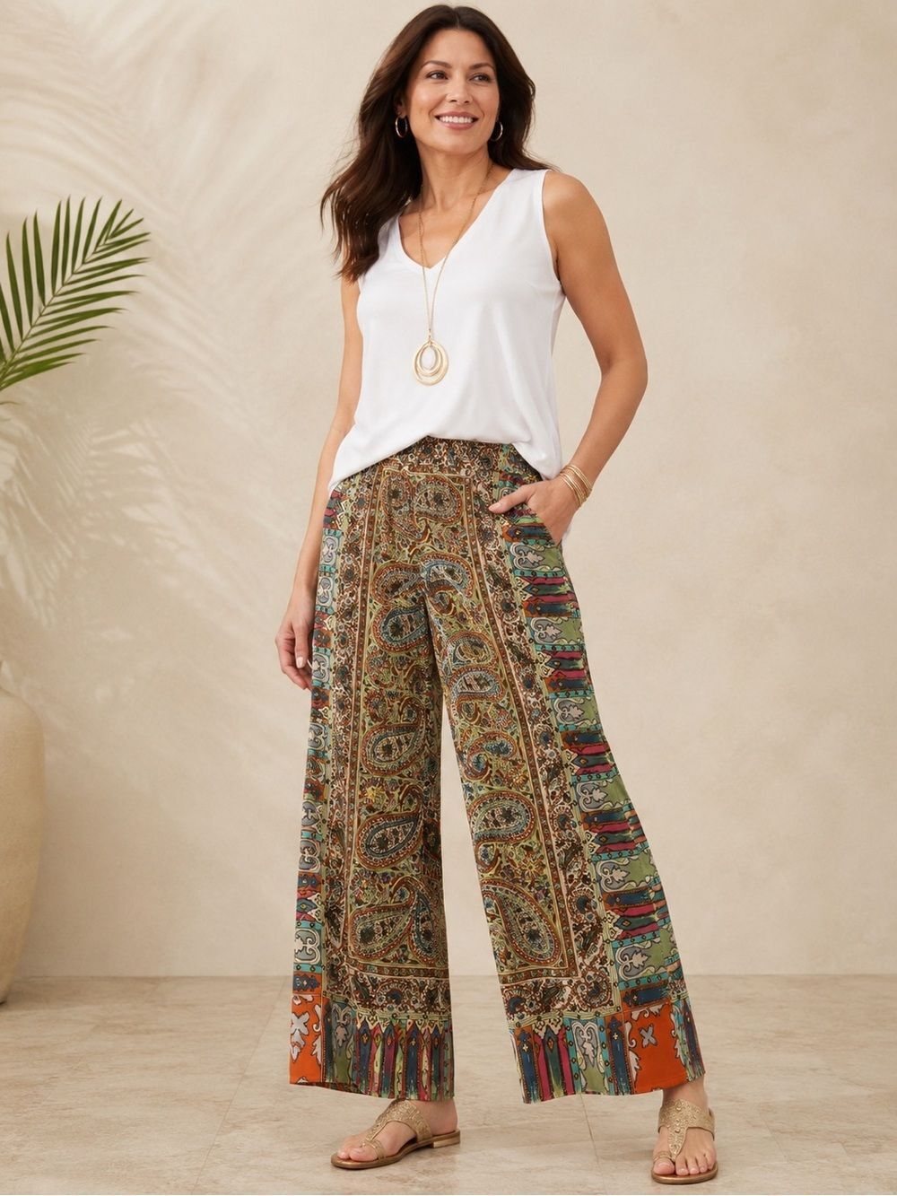 NWOT Chico’s Relaxed Wide-Leg Printed Palazzo Pants - Green Multi color SZ2.5